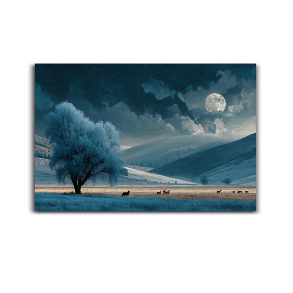 Larbulse Grey Wolf Tree Moonlit Sky Canvas Wall Art Home Decor Poster Vintage Funny Print Picture Abstract Bedroom Living Room Kitchen Posters Decor