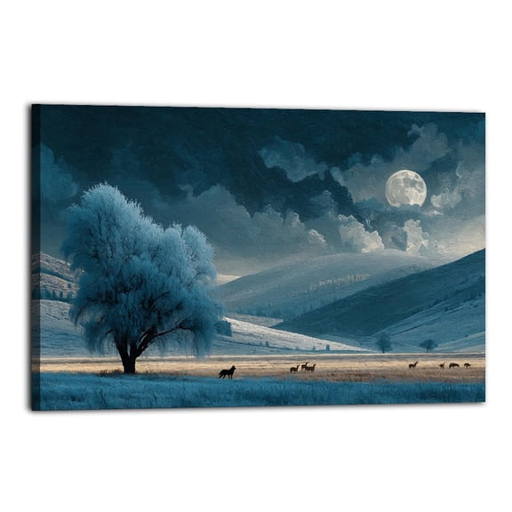 Larbulse Grey Wolf Tree Moonlit Sky Canvas Wall Art Home Decor Poster Vintage Funny Print Picture Abstract Bedroom Living Room Kitchen Posters Decor