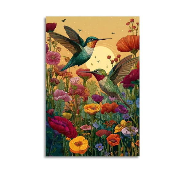 Larbulse Hummingbirds Fly Wild Flower Canvas Wall Art Home Decor Poster Vintage Funny Print Picture Abstract Bedroom Living Room Kitchen Posters Decor