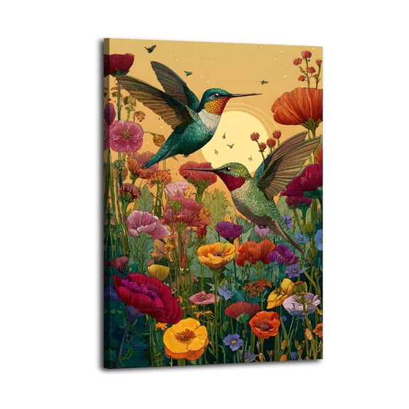 Larbulse Hummingbirds Fly Wild Flower Canvas Wall Art Home Decor Poster Vintage Funny Print Picture Abstract Bedroom Living Room Kitchen Posters Decor