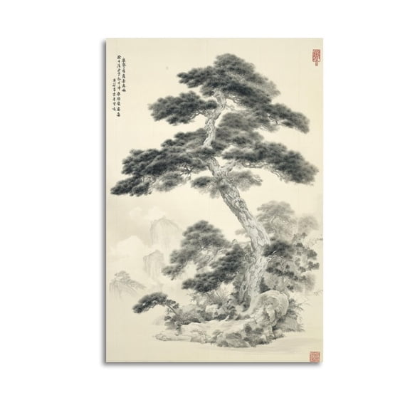 Larbulse Ink Wash Pine Tree Painting Canvas Wall Art Home Decor Poster Vintage Funny Print Picture Abstract Bedroom Living Room Kitchen Posters Decor