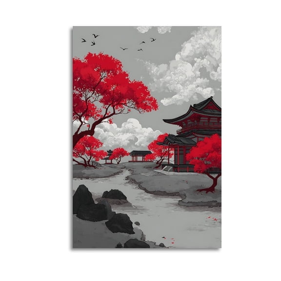 Larbulse Japanese Temple Red Cherry Blossom Lake Ink Painting Landscape Canvas Wall Art Home Decor Poster Vintage Funny Print Picture Abstract Bedroom Living Room Kitchen Posters Decor