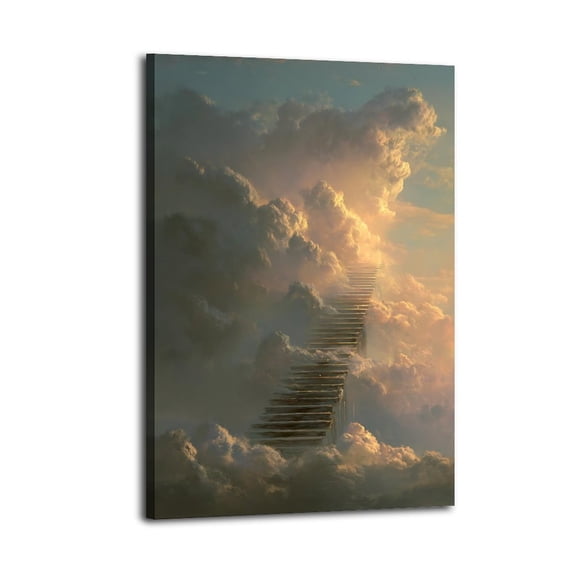 Larbulse  Long Staircase Floating Into White Clouds Canvas Wall Art Home Decor Poster Vintage Funny Print Picture Abstract Bedroom Living Room Kitchen Posters Decor,