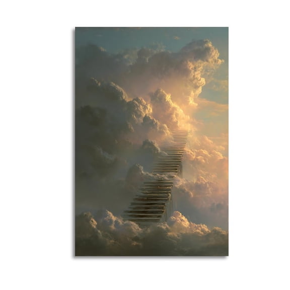 Larbulse  Long Staircase Floating Into White Clouds Canvas Wall Art Home Decor Poster Vintage Funny Print Picture Abstract Bedroom Living Room Kitchen Posters Decor,
