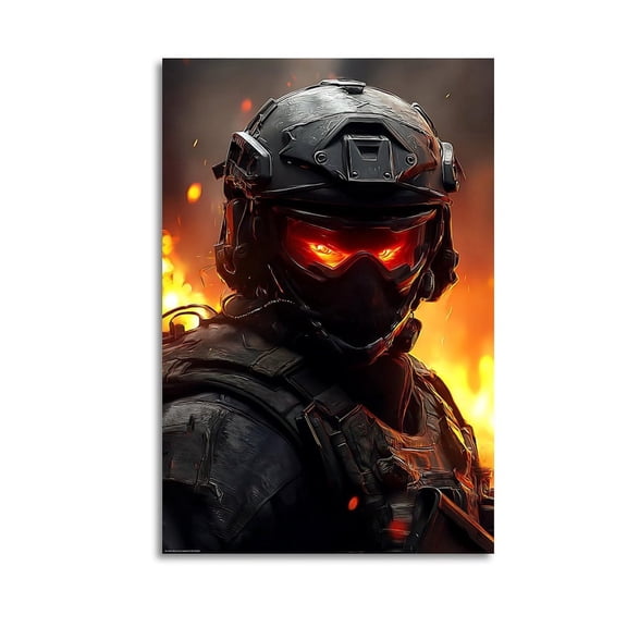 Larbulse Military Soldier Glowing Red Eyes Helmet Fire Canvas Wall Art Home Decor Poster Vintage Funny Print Picture Abstract Bedroom Living Room Kitchen Posters Decor