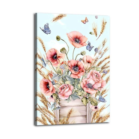 Larbulse Pink Roses Wheat Butterfly Canvas Wall Art Home Decor Poster Vintage Funny Print Picture Abstract Bedroom Living Room Kitchen Posters Decor