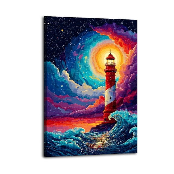 Larbulse  Pixel Art Style Painting Lighthouse Atop Ocean Wave Canvas Wall Art Home Decor Poster Vintage Funny Print Picture Abstract Bedroom Living Room Kitchen Posters Decor