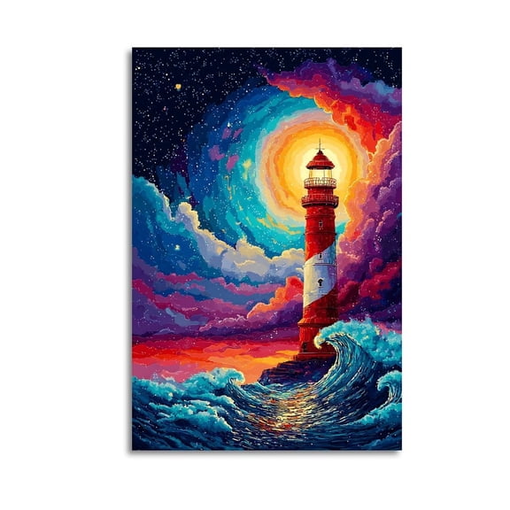 Larbulse  Pixel Art Style Painting Lighthouse Atop Ocean Wave Canvas Wall Art Home Decor Poster Vintage Funny Print Picture Abstract Bedroom Living Room Kitchen Posters Decor