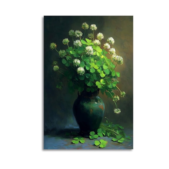 Larbulse Saint Patrick Large Vase Clover Flower Canvas Wall Art Home Decor Poster Vintage Funny Print Picture Abstract Bedroom Living Room Kitchen Posters Decor,