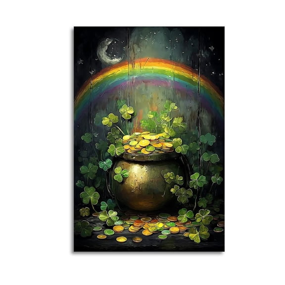 Larbulse  Saint Patrick Rainbow Moon Clover Leaves Canvas Wall Art Home Decor Poster Vintage Funny Print Picture Abstract Bedroom Living Room Kitchen Posters Decor,