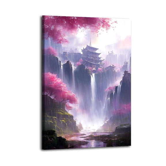Larbulse Temple Architecture Waterfall Rain Fog Cherry Blossoms Canvas Wall Art Home Decor Poster Vintage Funny Print Picture Abstract Bedroom Living Room Kitchen Posters Decor,