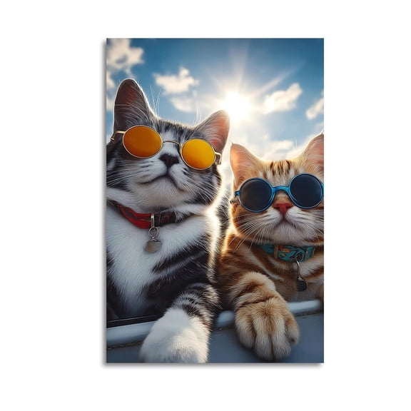 Larbulse Two Cute Cats Wearing Sunglasses Sunshine Canvas Wall Art Home Decor Poster Vintage Funny Print Picture Abstract Bedroom Living Room Kitchen Posters Decor