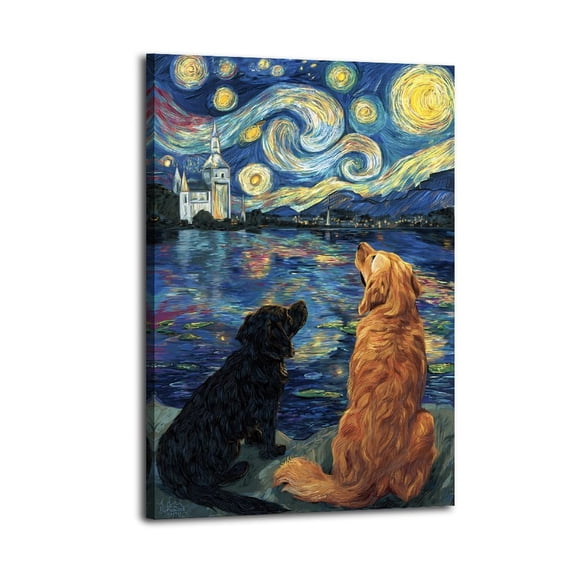 Larbulse  Two Dogs Starry Night Lake Canvas Wall Art Home Decor Poster Vintage Funny Print Picture Abstract Bedroom Living Room Kitchen Posters Decor