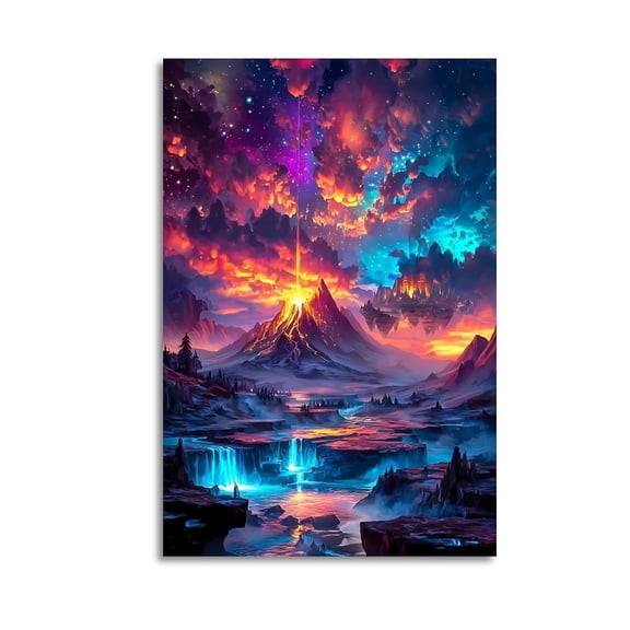 Larbulse Vibrant Colors Mountain Erupt Volcano Waterfall Canvas Wall Art Home Decor Poster Vintage Funny Print Picture Abstract Bedroom Living Room Kitchen Posters Decor