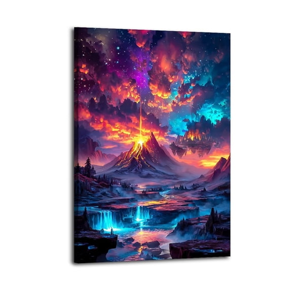 Larbulse  Vibrant Colors Mountain Erupt Volcano Waterfall Canvas Wall Art Home Decor Poster Vintage Funny Print Picture Abstract Bedroom Living Room Kitchen Posters Decor