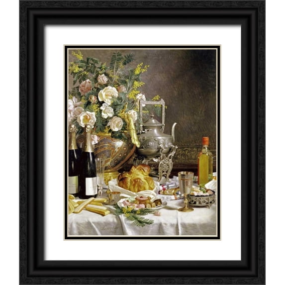 Larcher, Jules 26x32 Black Ornate Wood Framed with Double Matting Museum Art Print Titled - Bottles of Champagne Bread Biscuits and Cakes