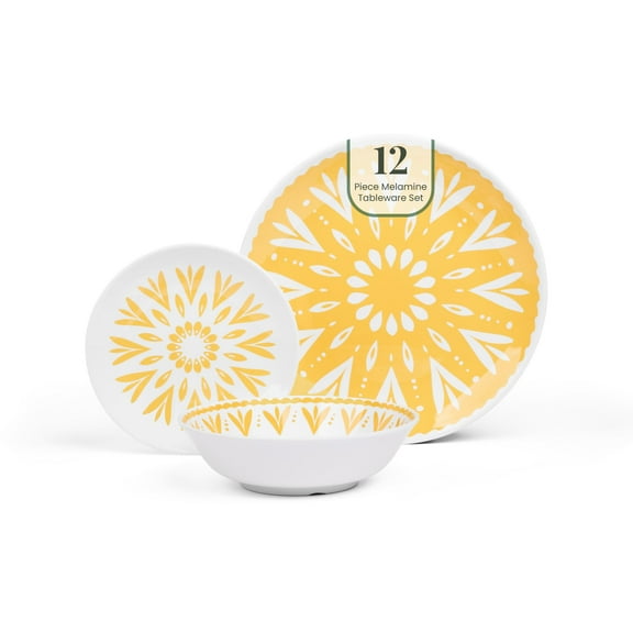 Larder and Vine 12 Piece Melamine Dinnerware Set | Lightweight, Unbreakable Dish Set for 4