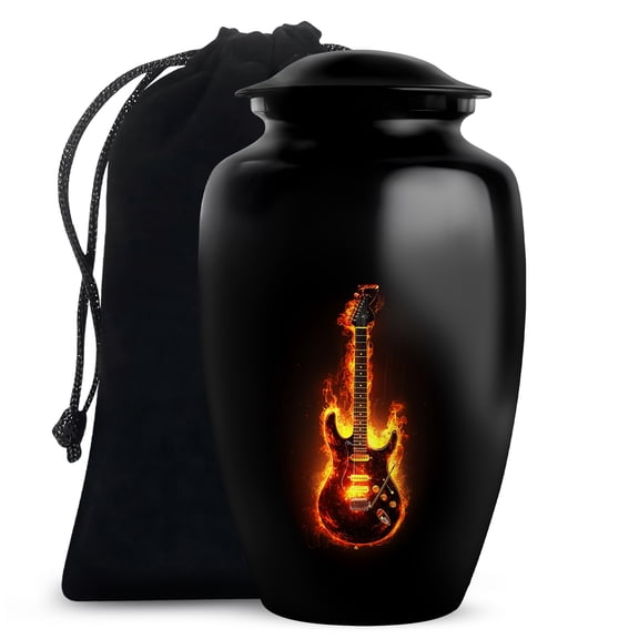 Lareg Black Guitar Flames Urns For Human Ashes Adult Women & Men Ashes - Burial Urn For Human Ashes Adult Male Dad - Cremation Ashes - 10 Inch