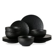 Lareina 12 Piece Dinnerware Sets Service for 4, Ceramic Dinner Plates Dishes Bowls Sets for Kitchen, Chip and Crack Resistant Dishwasher Microwave Safe, Reactive Stone Texture Matte Black