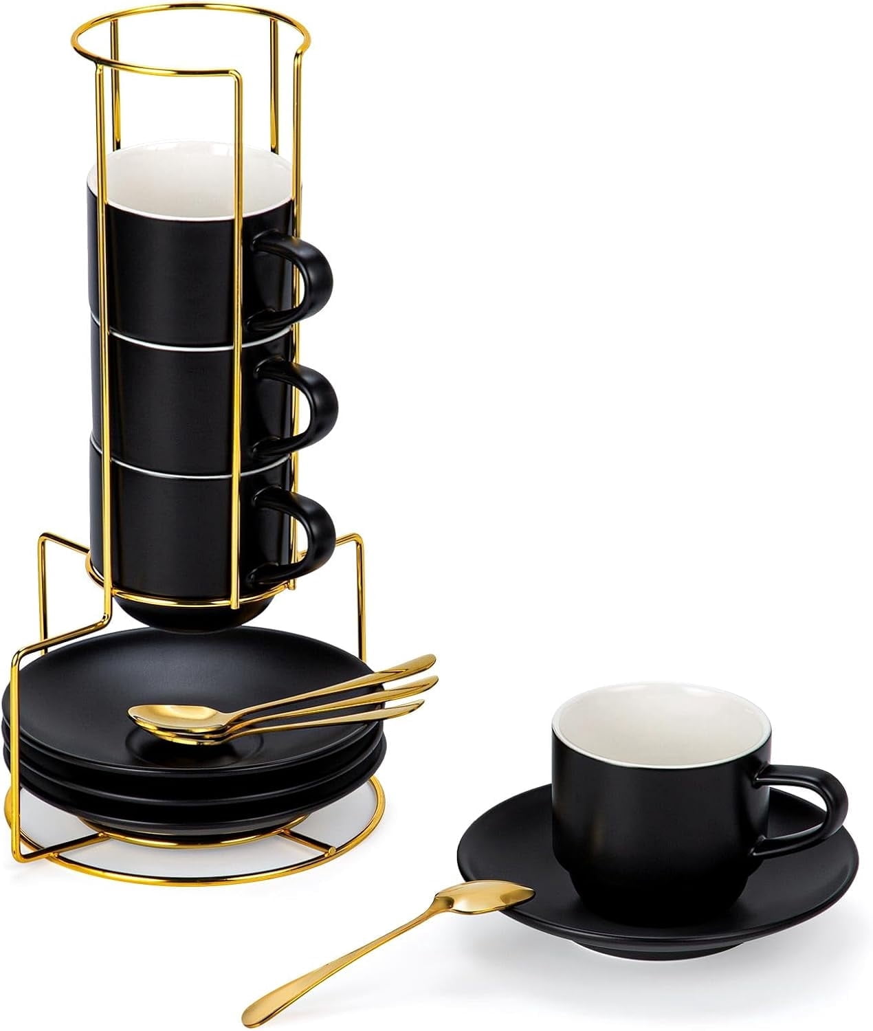 Lareina 3-Ounce Espresso Cups Set of 4, Small Stackable Coffee Cups with Saucers, Spoons and Metal Stand, Ceramic Demitasse Mugs, Espresso Accessories for Machine, Black