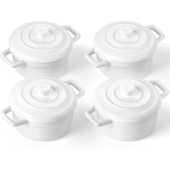 Lareina Mini Cocotte - 12oz Ceramic Casserole Dishes - Kitchen Casserole Sets With Handles And Lid - Small Baking Ramekins - Oven, Microwave & Dishwasher Safe - Set of 4 - White