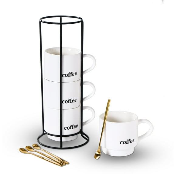 Lareina Porcelain Stackable Coffee Mug Set With Stand Rack and Spoons, 15 Ounce Cappuccino Cup Set of 4 for Specialty Coffee Drinks and Tea - White
