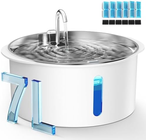 Large 1.8Gal/7L Pet Water Fountain with Viewing Window, LED Light, Super Quiet Pump, Stainless Steel Tray & 3 BPA-Free Filters