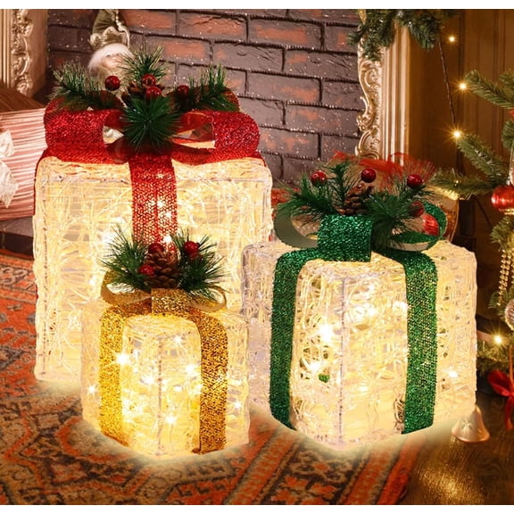 [Large 10"-8.5"-6.5"] 3 Pack 70 LED Christmas Lighted Clear Acrylic Gift Boxes Decorations for Indoor Outdoor Christmas Tree Skirt Ornament Garden Holiday Party-Warm White with Flashers