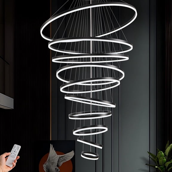 Large 10-Ring Black LED Chandelier for High Ceilings, 19.6ft Adjustable Dimmable Modern Light Fixture with Remote for Foyer, Living Room, Entryway, Staircase