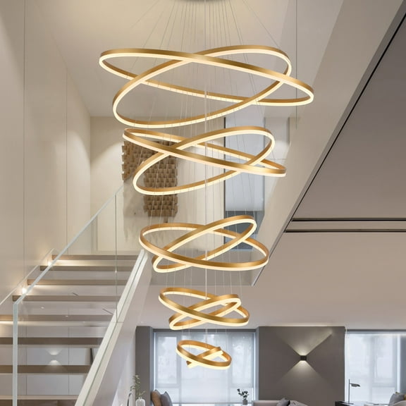 Large 10-Ring Gold LED Chandelier for High Ceilings, 19.6ft Adjustable Dimmable Modern Light Fixture with Remote for Foyer, Living Room, Entryway, Staircase