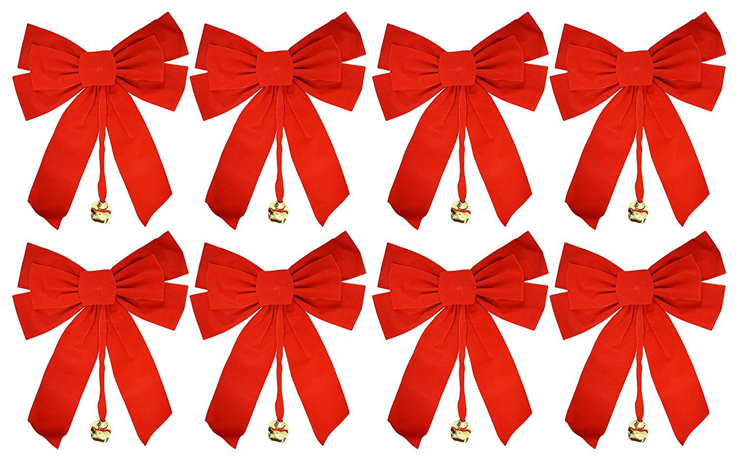 Large 10" x 15" Red Velvet Christmas Bows with Metal Bell (Set of 8