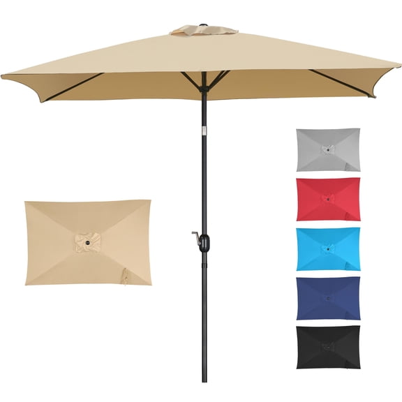 Large 10FT Rectangular Patio Umbrella, 6.5FT Wide Outdoor Market Umbrella with Push Button Tilt, Crank Lift System, 6 Sturdy Ribs for Garden, Lawn, Beach, Pool, Deck, Backyard, Beige