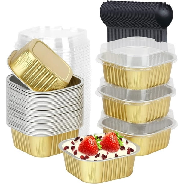 Large 10oz Aluminum Pans With Lids 40 Pack, Square Small Cake Muffin