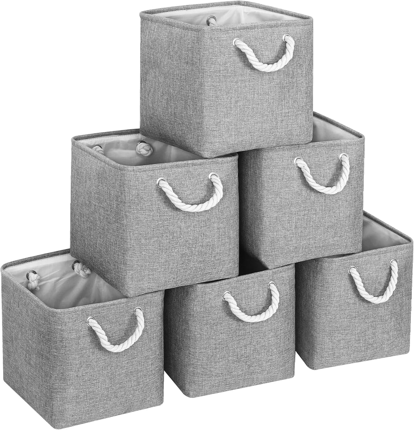 ThrottleT-Large 11x11 Inch Cube Storage Bins with Cotton Handles for Closet, Shelves, Clothes, Towel (Gray-6 Pack)