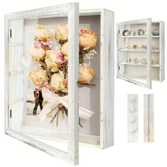 Large 11x14 Inch Country Style Shadow Box Display Case with Four Removable Shelves and Linen Back for Medals, Photos, and Collectibles