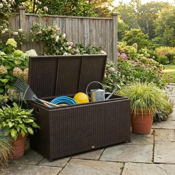 Large 120 Gallon Resin Deck Box, Waterproof Lockable Outdoor Storage, Weather-Resistant Organizer for Patio Cushions Tools Pool Supplies, Brown