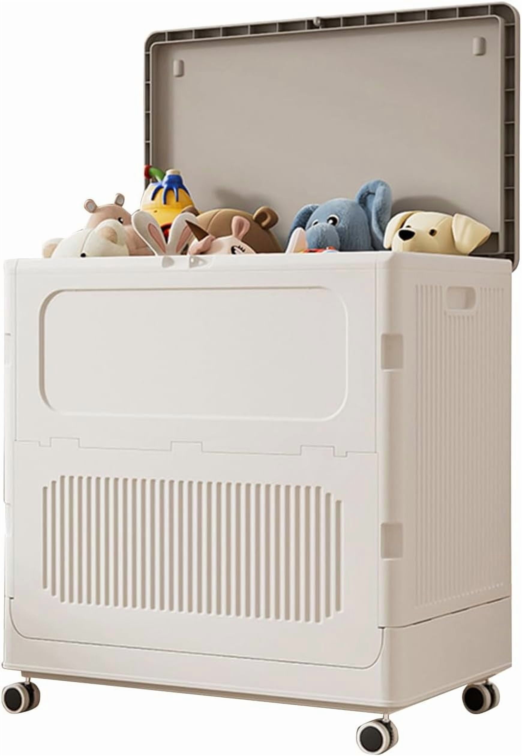 Large 123L Plastic Laundry Basket with Lid and Wheels – Creamy White & Grey Rolling Hamper, Foldable, Durable PP Plastic for Bathroom, Bedroom, and Narrow Spaces