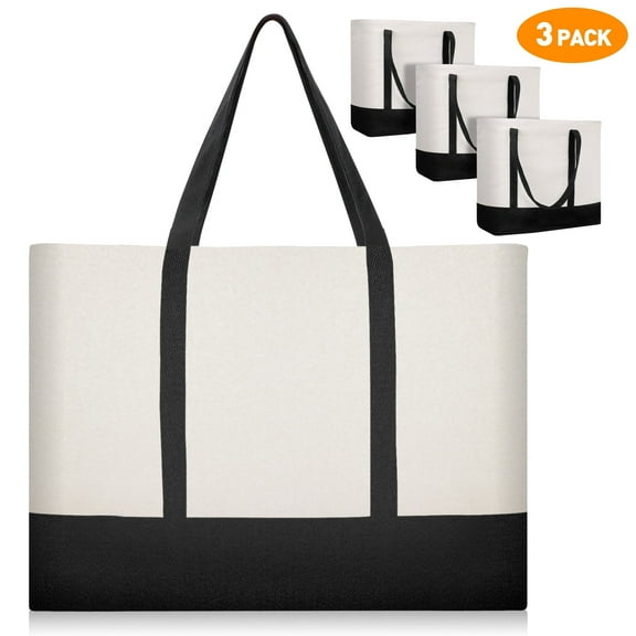 Xueyu Large 12oz Cotton Tote Bag, 3-Pack, Reusable Grocery Shopping Bags – Black & White Two-Tone Design (21"x15") with Front Pocket, Perfect for Shopping, Travel, Work & Daily Use