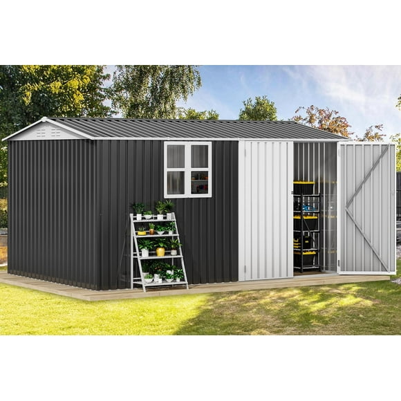 Large 12x8ft Tool Storage Shed with Window, Lockable , Sloped Roof, Dark Gray Outdoor Garden Shed