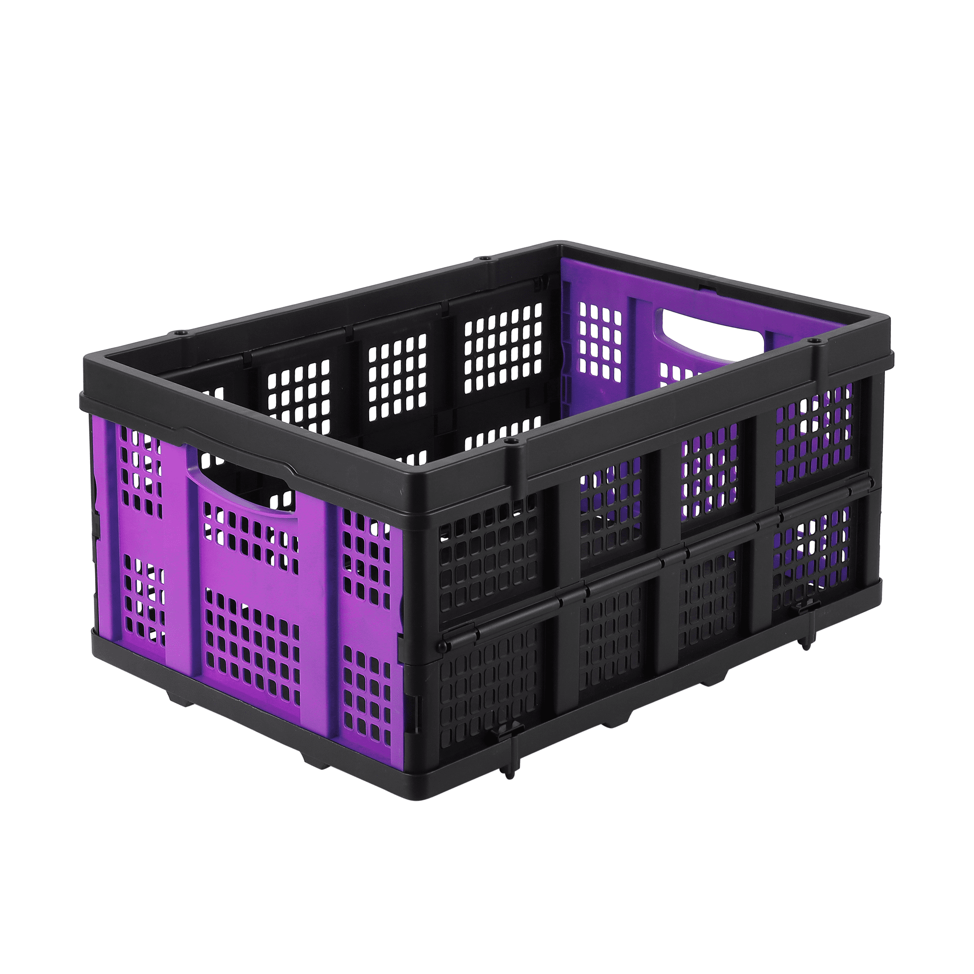 Large 14.5 Gallon Collapsible Storage Crate – 55L Extra-Thick Collapsible & Stackable Plastic Organizer Bin with Handles – Heavy-Duty Basket for Home, Kitchen, Office, Garage, Moving – Purple
