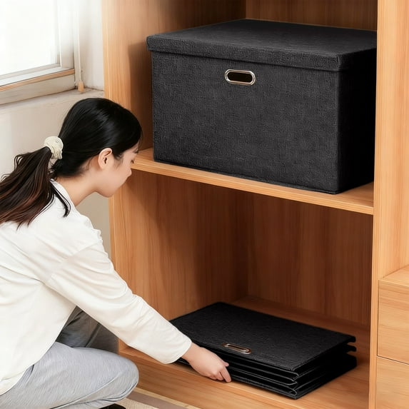 Large 14.6"x10.6"x10.2" Collapsible Stackable Storage Bins with Lids, Closet Organizer Baskets with Label for Home, Foldable Fabric Linen Storage Boxes Cube