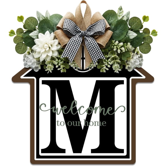 Large 14" Last Name House Front Door Wreath Decor for All Seasons, 26 Initial Letter Wreaths Porch Welcome Garland and Eucalyptus Hanging Gift Farmhouse Sign (M)