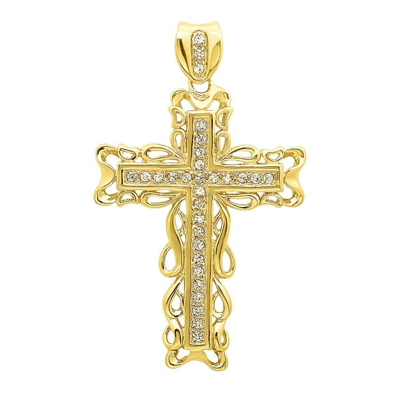 Large 14k Gold Heavy Plated Filigree Framed CZ Cross Pendant + 24" 2.4mm Rope Chain Necklace Set