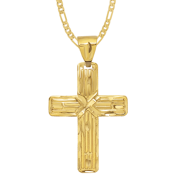 Large 14k Gold Heavy Plated Striated Textured Cross Pendant + 20" 4mm Figaro Chain Necklace Set