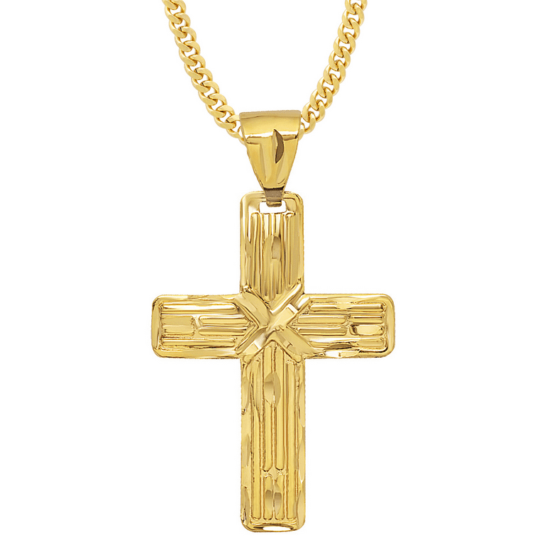 Large 14k Gold Heavy Plated Striated Textured Cross Pendant 20 inch 4mm Curb Chain Necklace Set Walmart