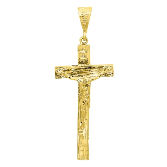 Large 14k Gold Heavy Plated Wood Textured Crucifix Pendant + 20" 2.4mm Figaro Chain Necklace Set