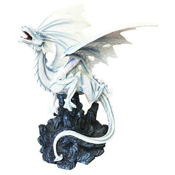 Large 15.5"Tall Misty White Arctic Dragon Drake Flying Off Cliff Statue Figurine