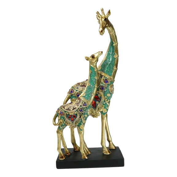 Large 15"H Safari Green Bejeweled Masai Giraffe With Calf On Black Base Figurine