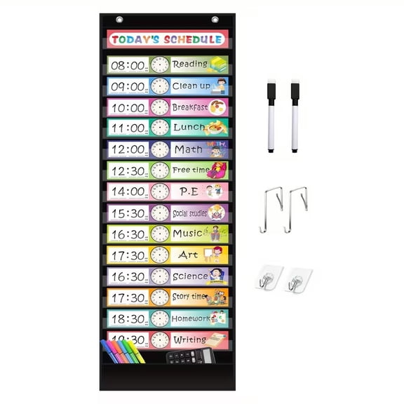 Large 15 Pocket Daily Schedule Chart with Reusable Cards and Erasable Pens for Classroom Office Home Activity Planning