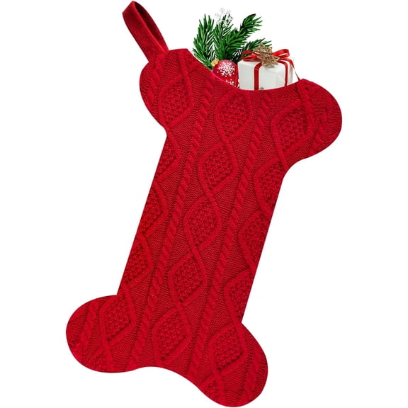 Large 16.4" Knit Dog Christmas Stocking - Bone Shaped Pet Holiday Decor with Hanging Loop, Super Soft Cable Knit Xmas Stockings for Pets & Family Décor